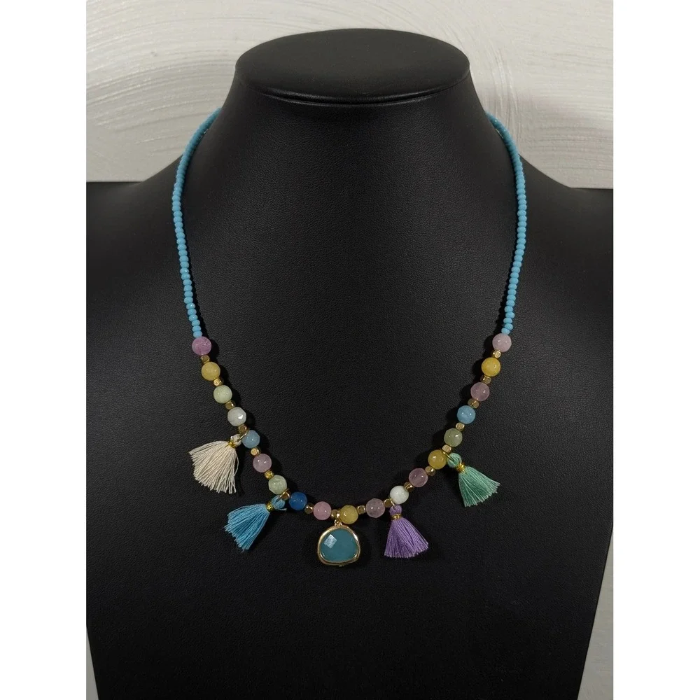 Boho Beachy Tassel Necklace Blue Pink Glass Beads‎ Layered Gold Tone 21 in